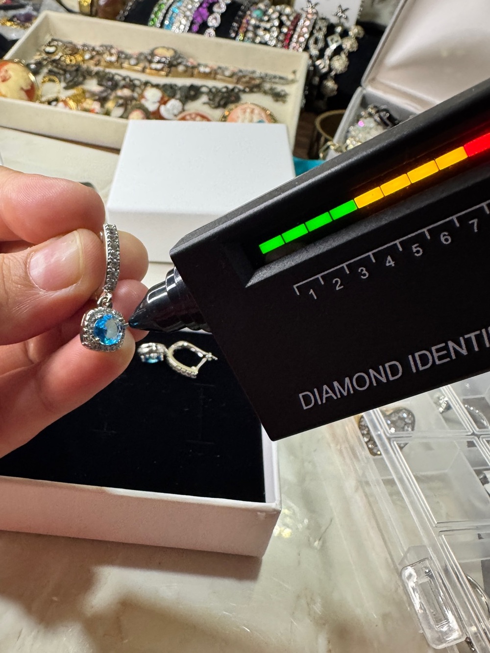 Blue Topaz and Moissanite Blue Crystal Halo Drop Earrings - Picture 11 of 12